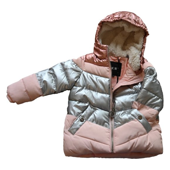 DKNY Toddler Girl's Fleece Inner Sherpa Hood Chevron Quilted